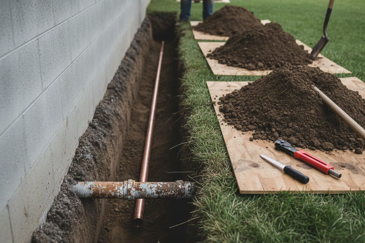 Excavated water line trench during Sewer Line Repair in Evarts